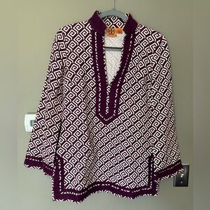 TORY BURCH Purple Wine & White Geo Print Long Sleeve Tunic Top Size 4